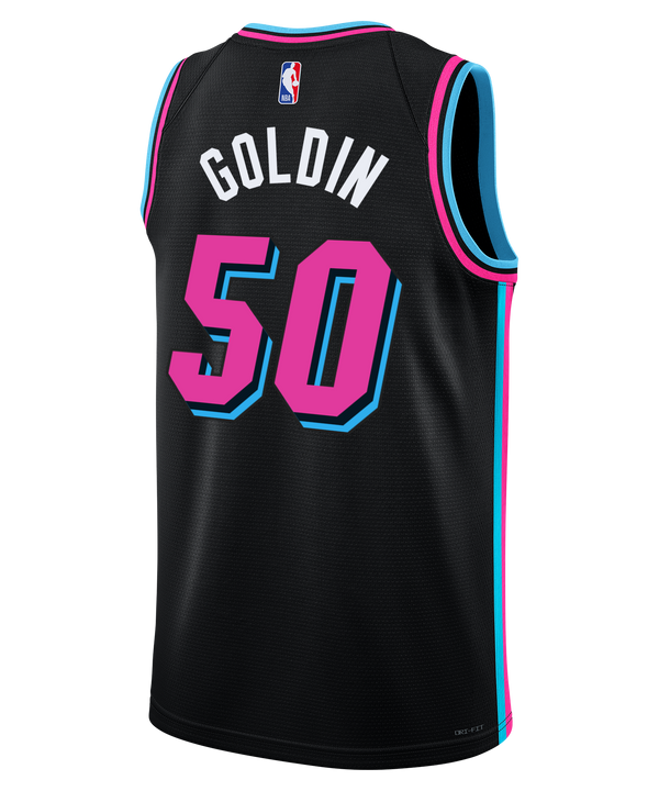 The Nike Vladislav Goldin Original Vice Nights Swingman Jersey features a black Miami Heat design with turquoise and pink trim, pink “Miami” script, number 50 in pink outline, sponsor logos, and a 2006 NBA Championship patch.