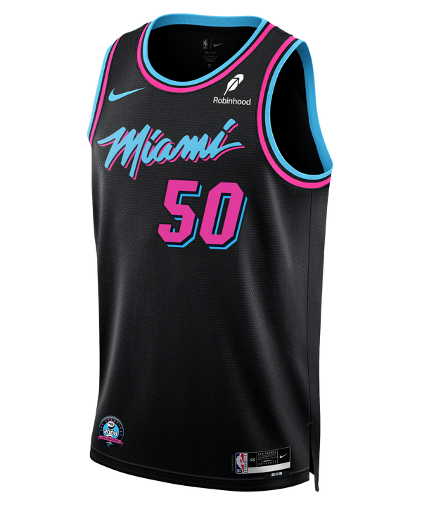 The Vladislav Goldin Nike Original Vice Nights Youth Swingman Jersey is a black Miami Heat jersey with blue and pink trim, number 50 in pink and blue, stylized 