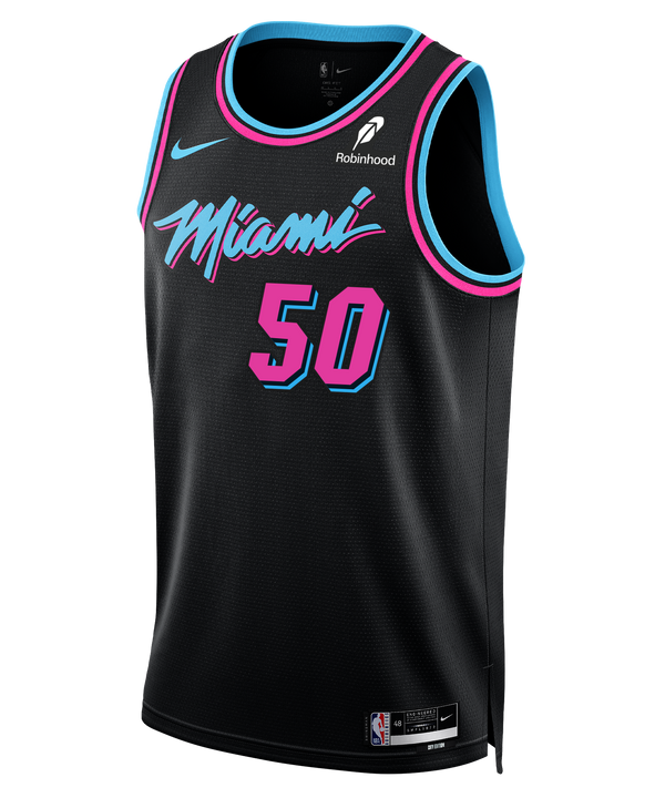 The Vladislav Goldin Nike Original Vice Nights Swingman Jersey features black polyester with blue and pink trim, Miami in stylized pink script, number 50 in blue/pink, Nike, Robinhood & NBA logos. Standard fit; air dry recommended.