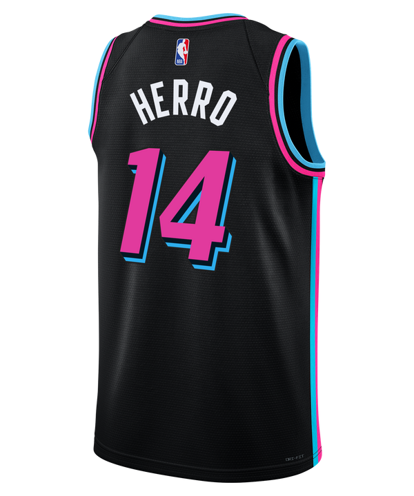 The Tyler Herro Nike Original Vice Nights Swingman Jersey features a black base with blue and pink trim, neon pink Miami script, and number 14 in blue and pink. Nike and Robinhood logos are on the chest; NBA and Miami patches near the hem.