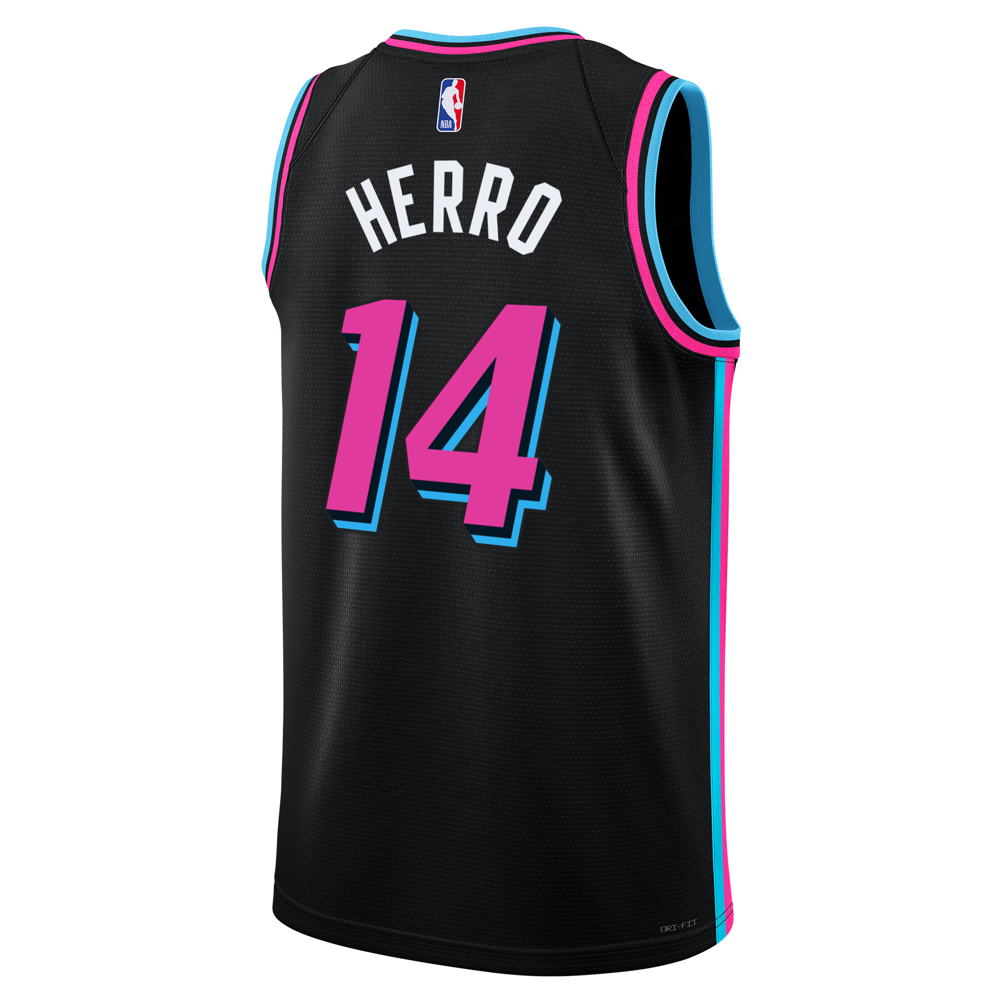 The Tyler Herro Nike Original Vice Nights Youth Swingman Jersey by Nike features a black design with “HERRO” and 14 in pink and blue, teal/pink trim, and NBA logo at the top—available now.