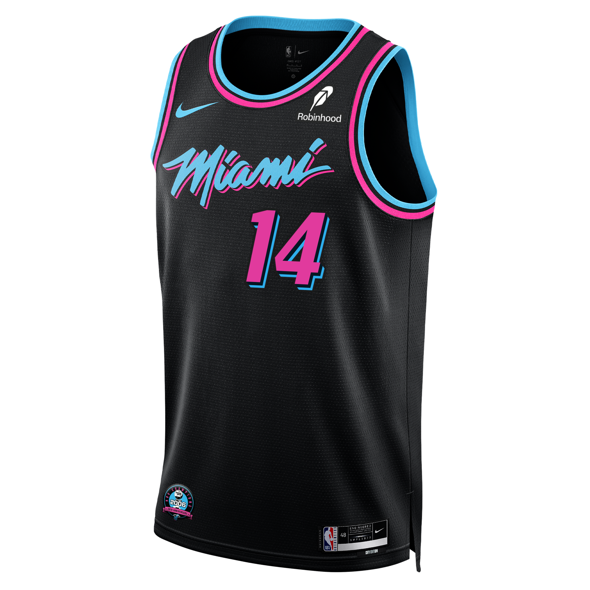 The Nike Tyler Herro Original Vice Nights Youth Swingman Jersey features a black Miami Heat design with blue and pink trim, “Miami” in pink script, the number 14 in blue and pink, NBA branding, sponsor logos, and a 2006 Championship patch.
