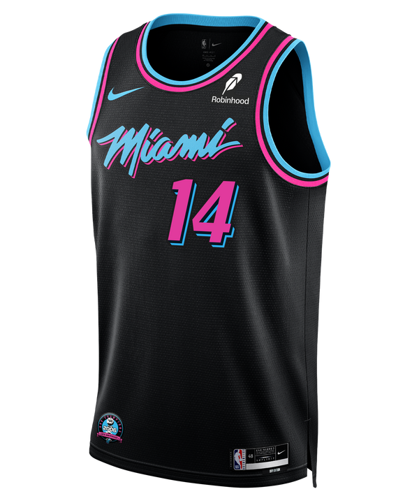 The Nike Tyler Herro Original Vice Nights Youth Swingman Jersey features a black Miami Heat design with blue and pink trim, “Miami” in pink script, the number 14 in blue and pink, NBA branding, sponsor logos, and a 2006 Championship patch.