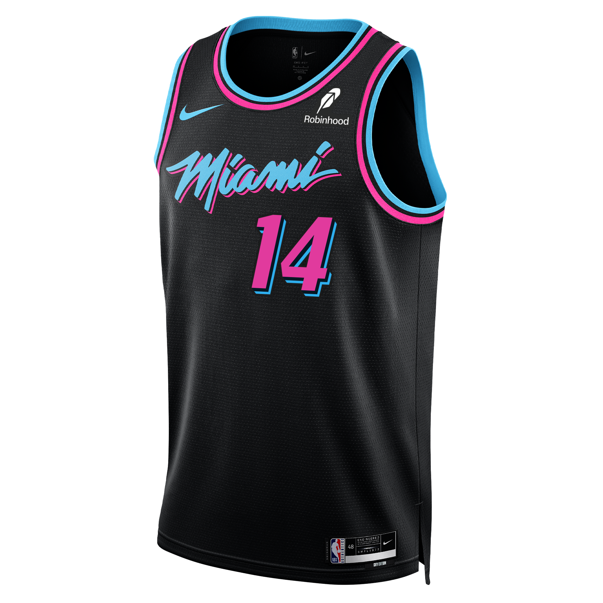 The Tyler Herro Nike Original Vice Nights Youth Swingman Jersey by Nike features a black design with bright pink and blue accents, Miami script, number 14, NBA and Robinhood logos, and Dri-FIT moisture-wicking tech for comfort.
