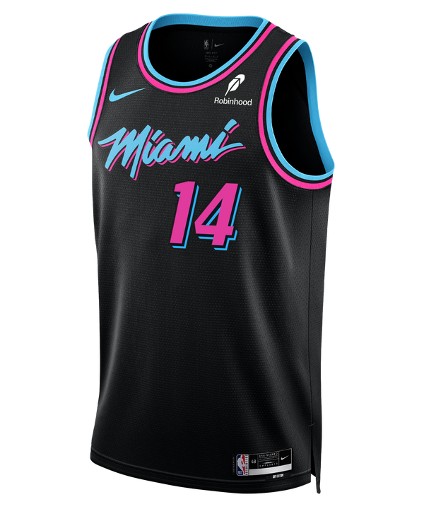 The Tyler Herro Nike Original Vice Nights Youth Swingman Jersey by Nike features a black design with bright pink and blue accents, Miami script, number 14, NBA and Robinhood logos, and Dri-FIT moisture-wicking tech for comfort.