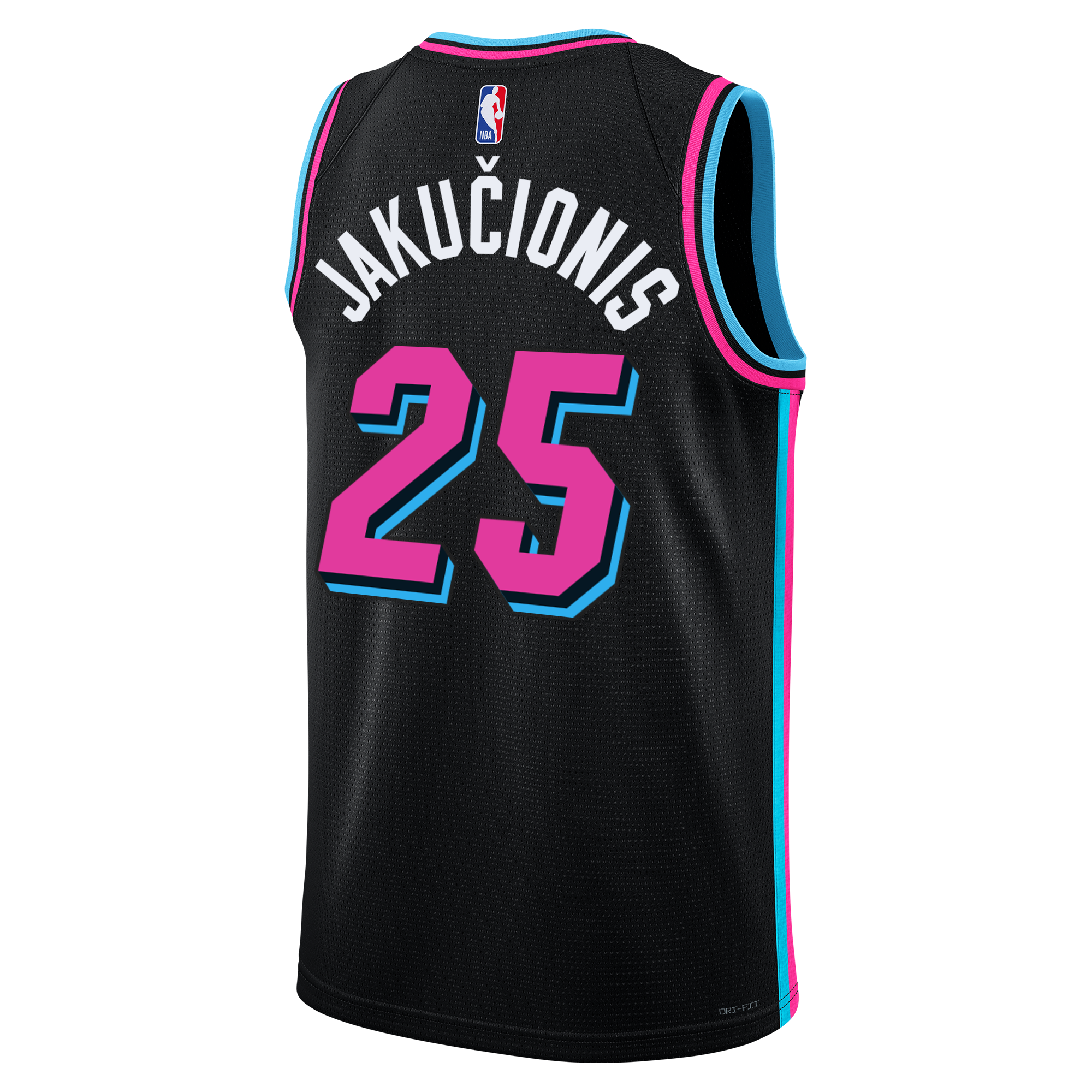 The Nike Kasparas Jakučionis Original Vice Nights Youth Swingman Jersey features black fabric, blue and pink trim, Jakučionis and number 25 in vibrant colors, NBA and Nike logos, plus Dri-FIT technology for breathable comfort.