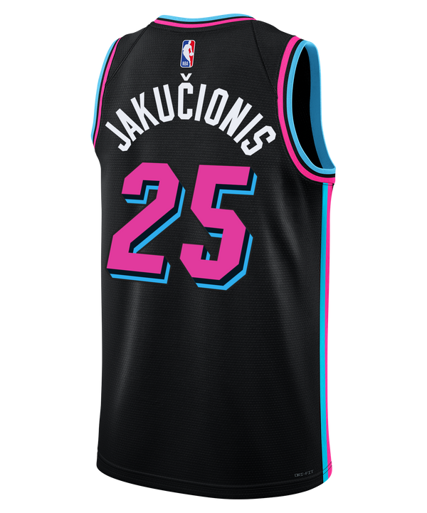 The Kasparas Jakučionis Nike Original Vice Nights Youth Swingman Jersey features black fabric, blue and pink accents, 