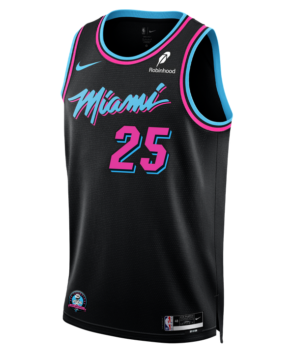 Shop the Kasparas Jakučionis Nike Original Vice Nights Swingman Jersey: black with blue and pink trim, “Miami” in pink script, number 25 in pink/blue, featuring Nike and Robinhood logos.