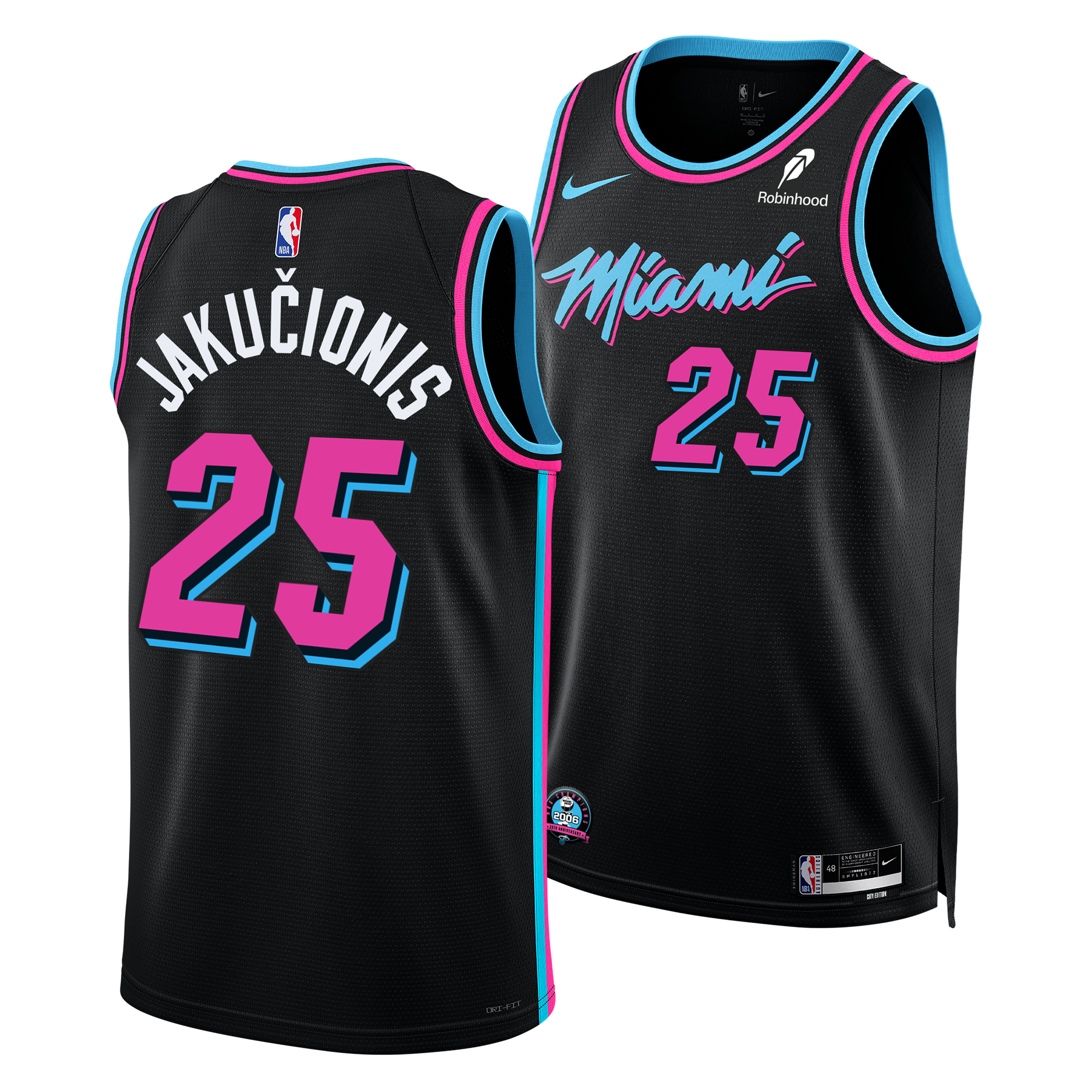 The Kasparas Jakučionis Nike Original Vice Nights Swingman Jersey features black fabric with pink and blue trim, 
