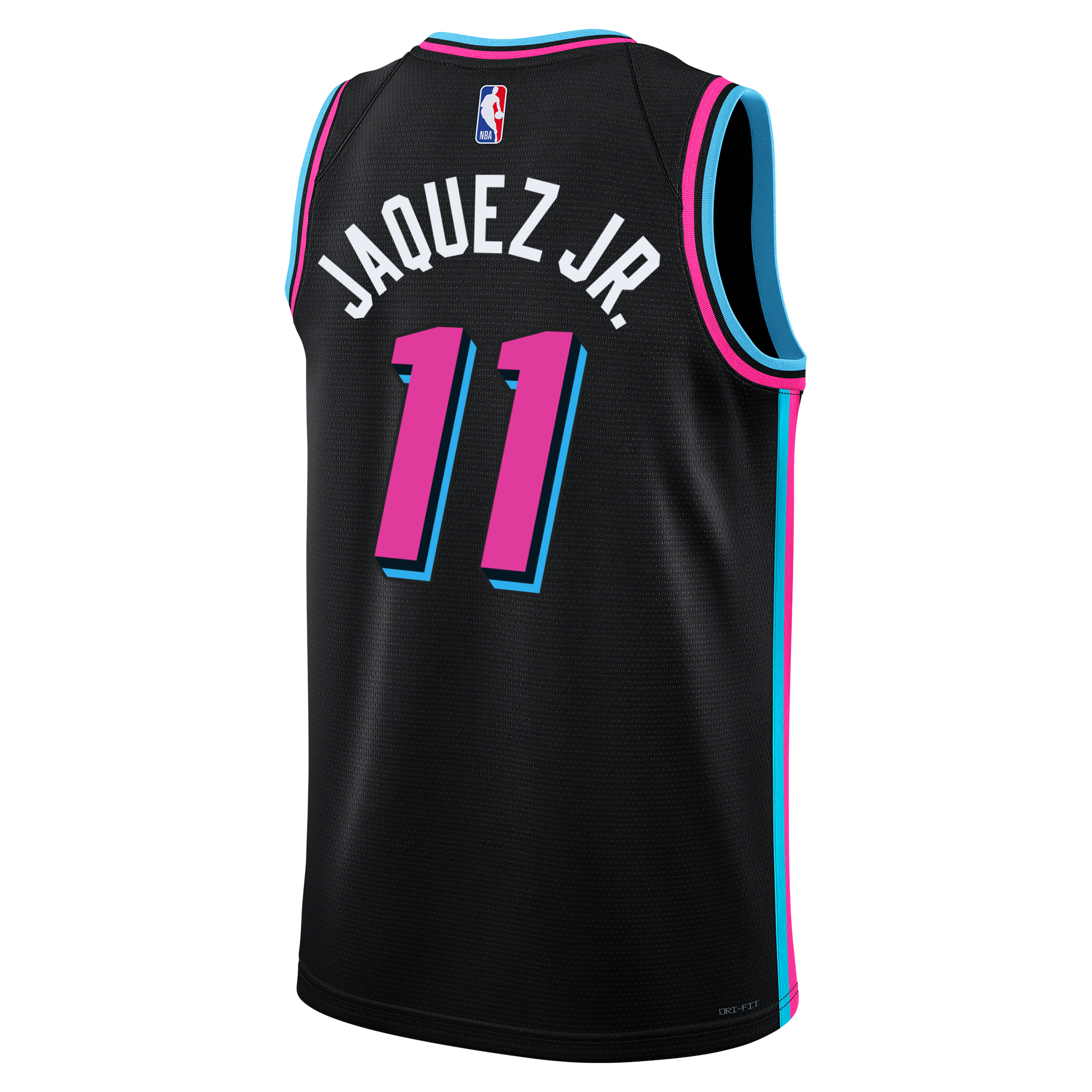 The Nike Jaime Jaquez Jr. Vice Nights Youth Swingman Jersey features black fabric with pink and blue accents, Jaquez Jr.’s name and number 11 on the back, plus the NBA logo at the top for bold Miami Heat style.