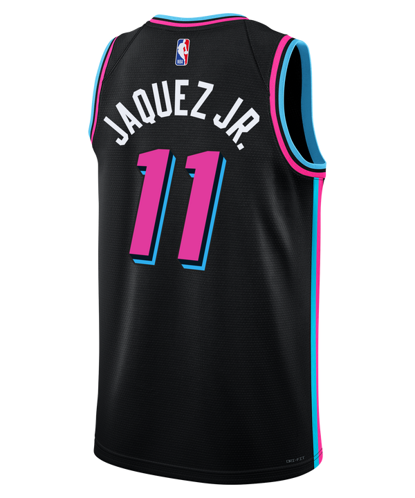 The Jaime Jaquez Jr. Nike Original Vice Nights Youth Swingman Jersey features black fabric with blue and pink trim, pink Miami script and number 11, Nike and Robinhood logos, Dri-FIT tech, and an NBA patch near the hem.