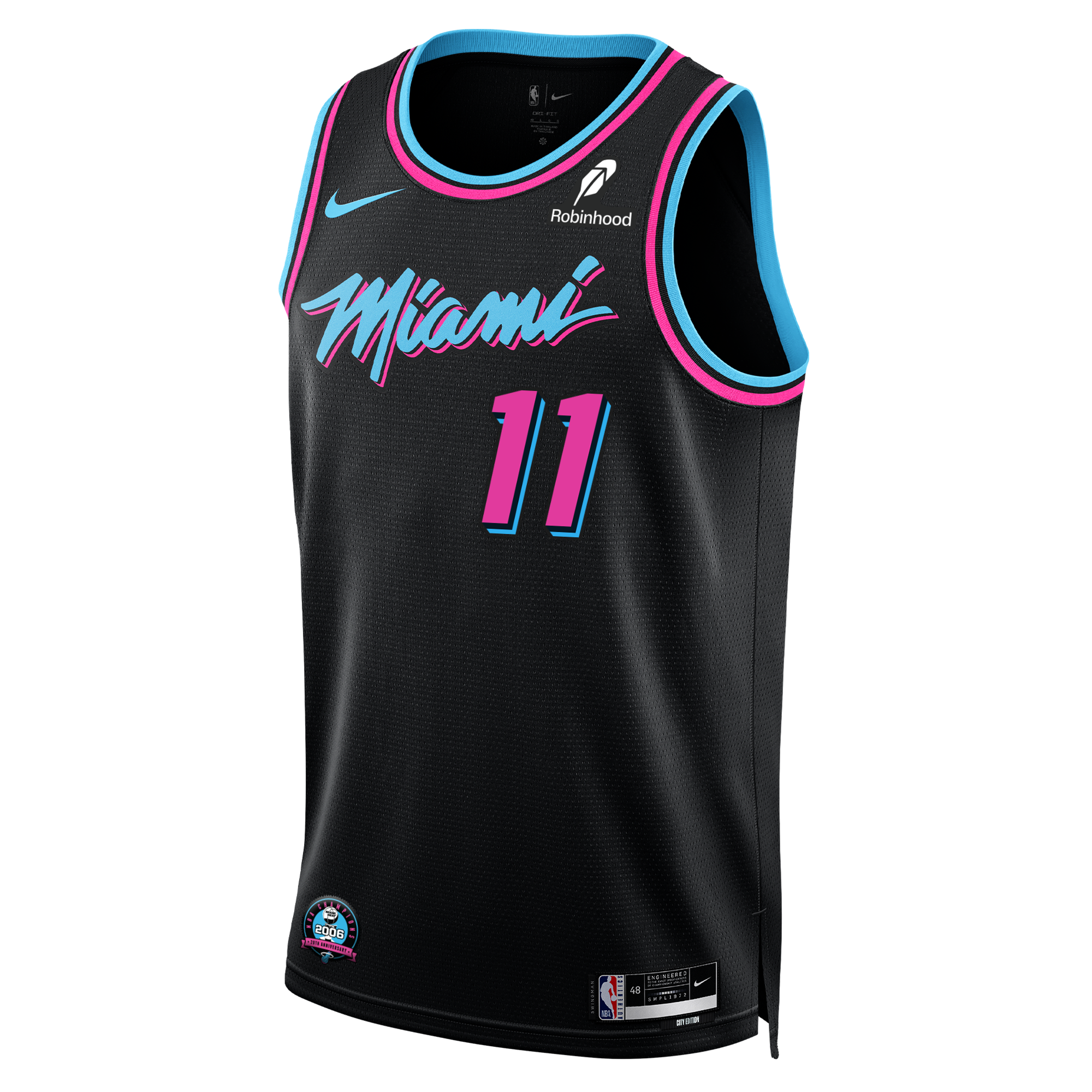 The Jaime Jaquez Jr. Nike Original Vice Nights Swingman Jersey by Nike features black fabric, blue and pink trim, 