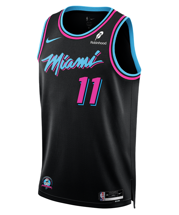The Jaime Jaquez Jr. Nike Original Vice Nights Youth Swingman Jersey features black fabric with blue and pink trim, pink Miami script and number 11, Nike and Robinhood logos, Dri-FIT tech, and an NBA patch near the hem.