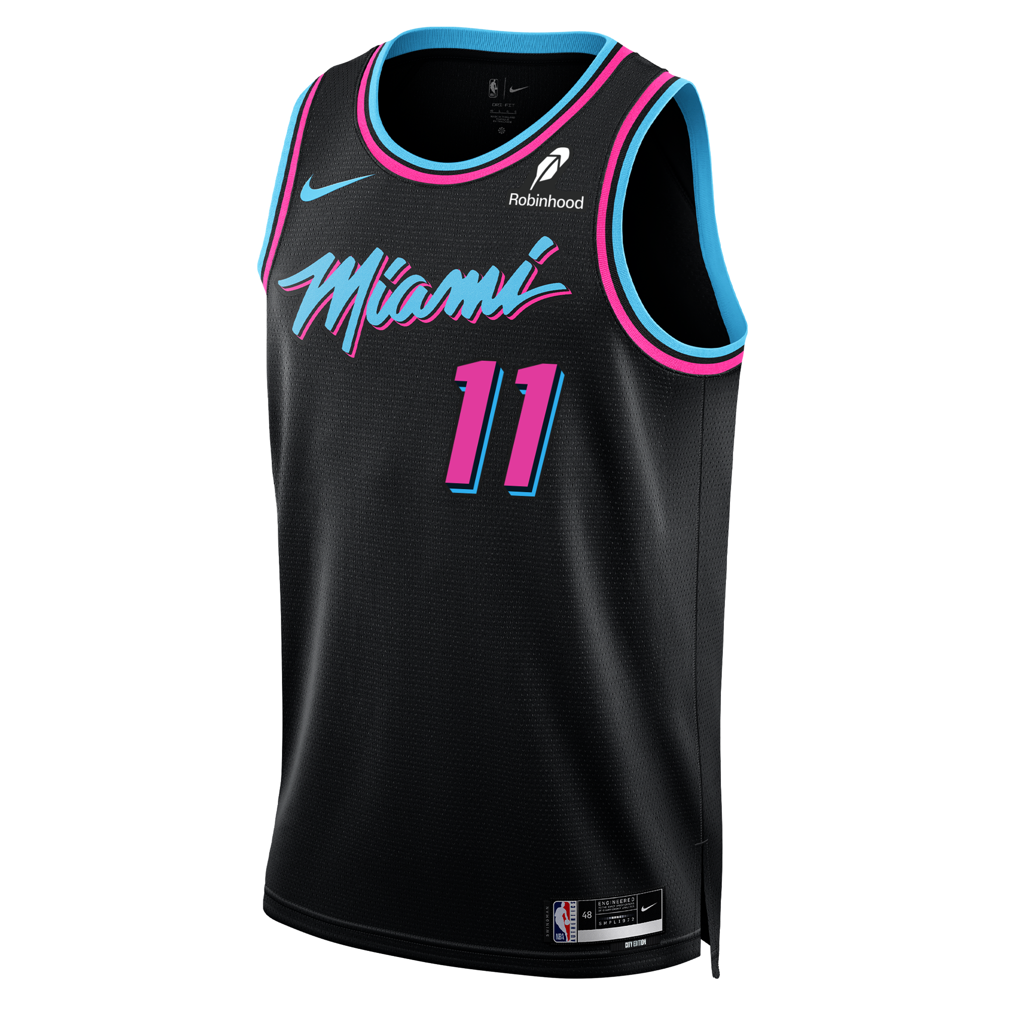 The Jaime Jaquez Jr. Nike Original Vice Nights Swingman Jersey features black polyester, blue and pink trim, “Miami” in pink script, number 11 in blue and pink, Nike and Robinhood logos, standard fit—just air dry to keep it fresh.