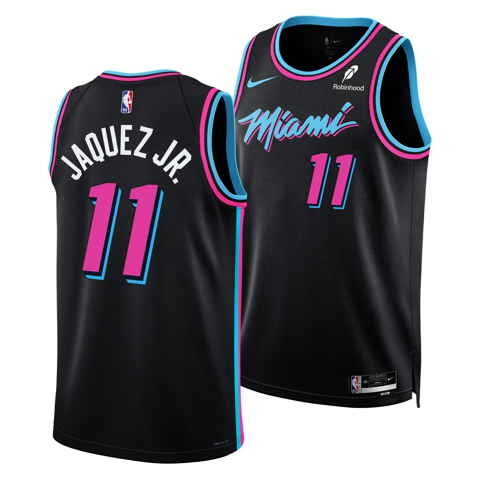 The Nike Jaime Jaquez Jr. Original Vice Nights Youth Swingman Jersey features black fabric with neon pink and blue trim, Jaquez Jr. and number 11 on the back, Miami and number 11 on the front, plus moisture-wicking Dri-FIT tech for comfort.
