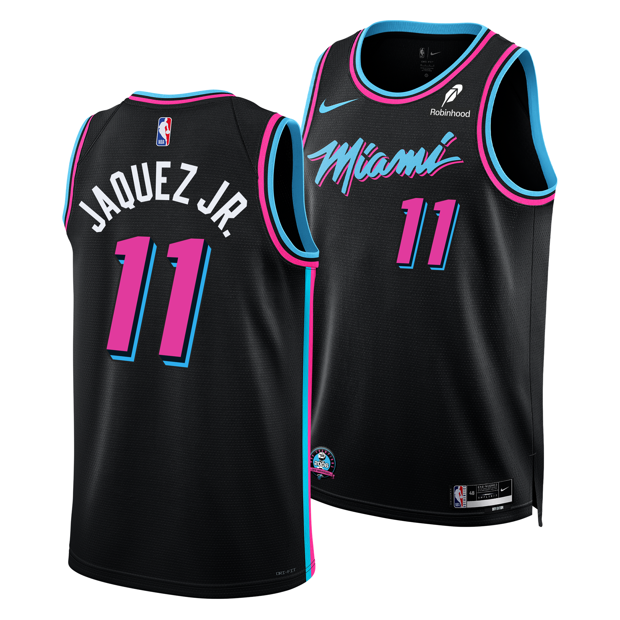 Two black Jaime Jaquez Jr. Nike Original Vice Nights Youth Swingman Jerseys feature blue and pink accents, 