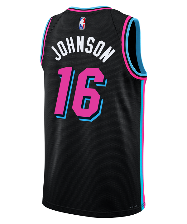 The Nike Keshad Johnson Original Vice Nights Youth Swingman Jersey features black fabric, neon pink/blue trim, “Miami” in pink script, number 16 in pink/blue, sponsor and NBA logos, and Dri-FIT tech for comfort.