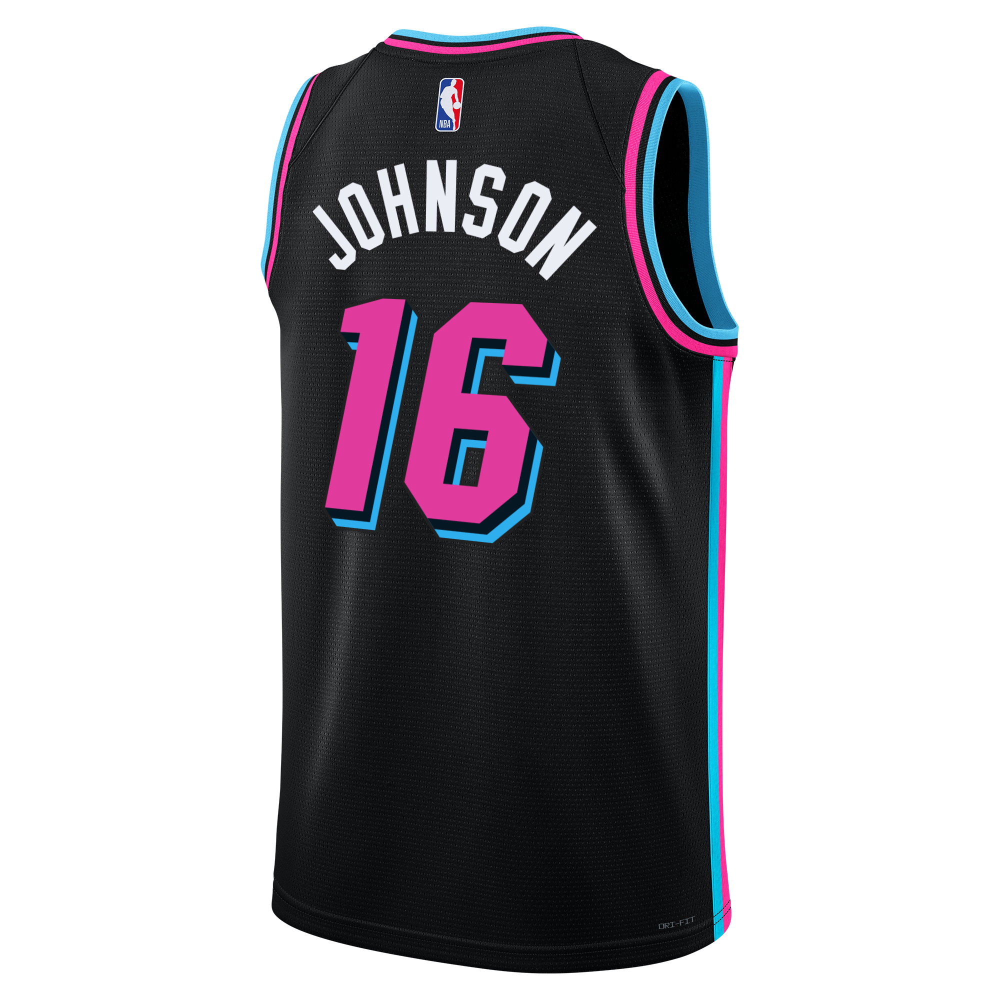 The Keshad Johnson Nike Original Vice Nights Swingman Jersey features black fabric with turquoise and pink trim, JOHNSON in white, number 16 in pink/turquoise outline, and an NBA logo on the upper back. Brand: Nike.