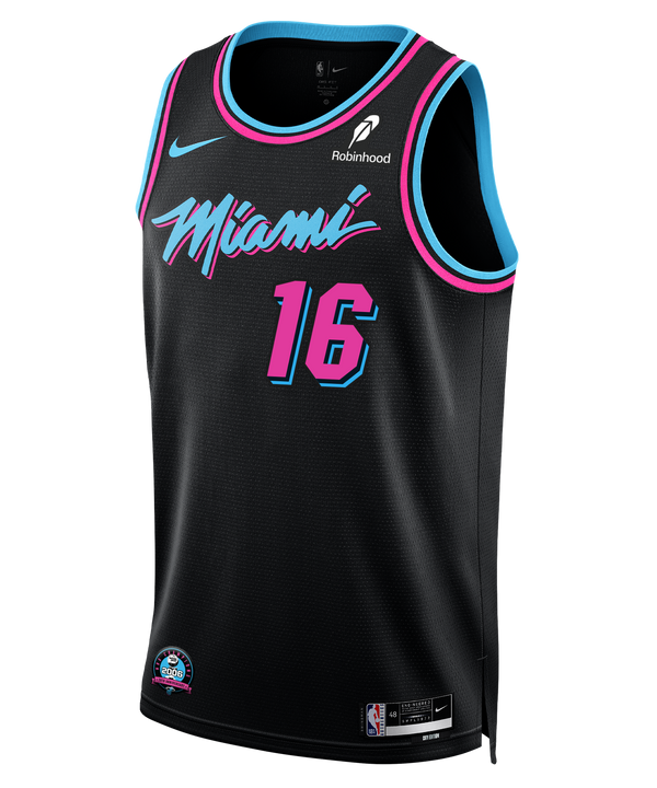 The Nike Keshad Johnson Original Vice Nights Youth Swingman Jersey features black fabric, neon pink/blue trim, “Miami” in pink script, number 16 in pink/blue, sponsor and NBA logos, and Dri-FIT tech for comfort.