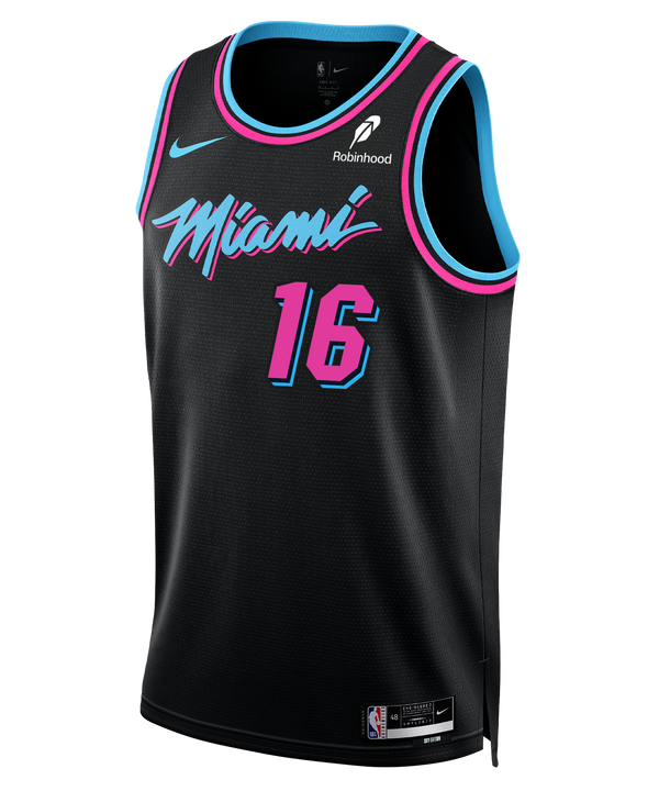The Nike Keshad Johnson Original Vice Nights Youth Swingman Jersey features a black design with blue and pink accents, number 16, “Miami” in pink script, Nike and Robinhood logos, and Dri-FIT tech for moisture wicking.
