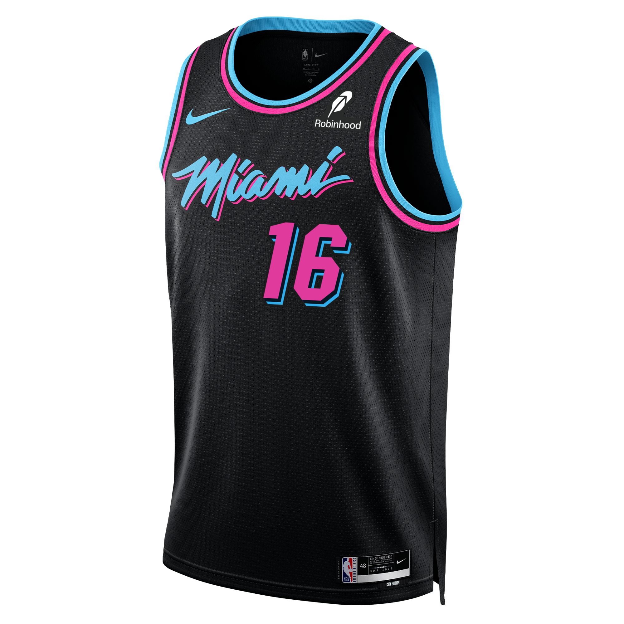 The Nike Keshad Johnson Original Vice Nights Swingman Jersey features black polyester with blue and pink trim, number 16, pink 