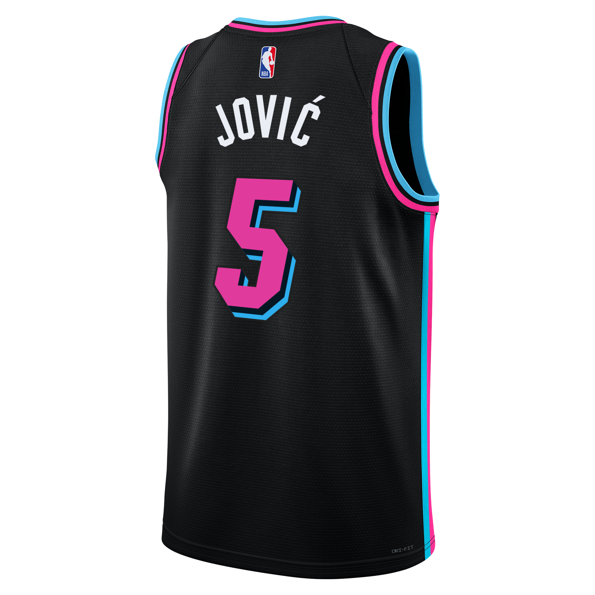 The Nikola Jović Nike Original Vice Nights Swingman Jersey by Nike is black with blue and pink trim, featuring 