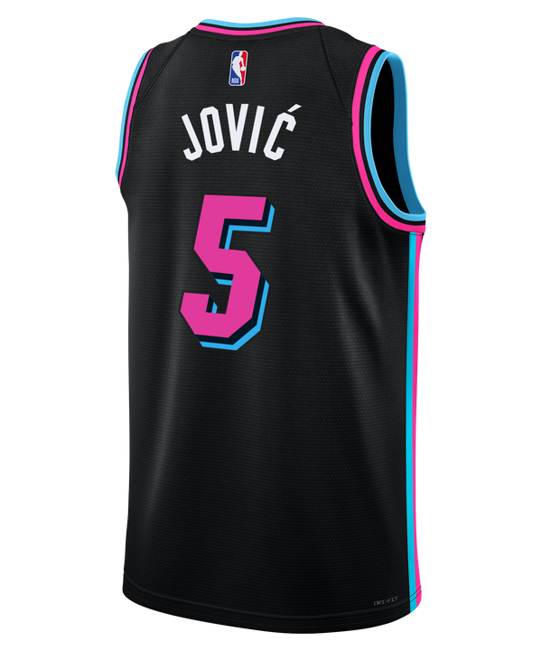 The Nikola Jović Nike Original Vice Nights Swingman Jersey features black fabric, blue and pink trim, 