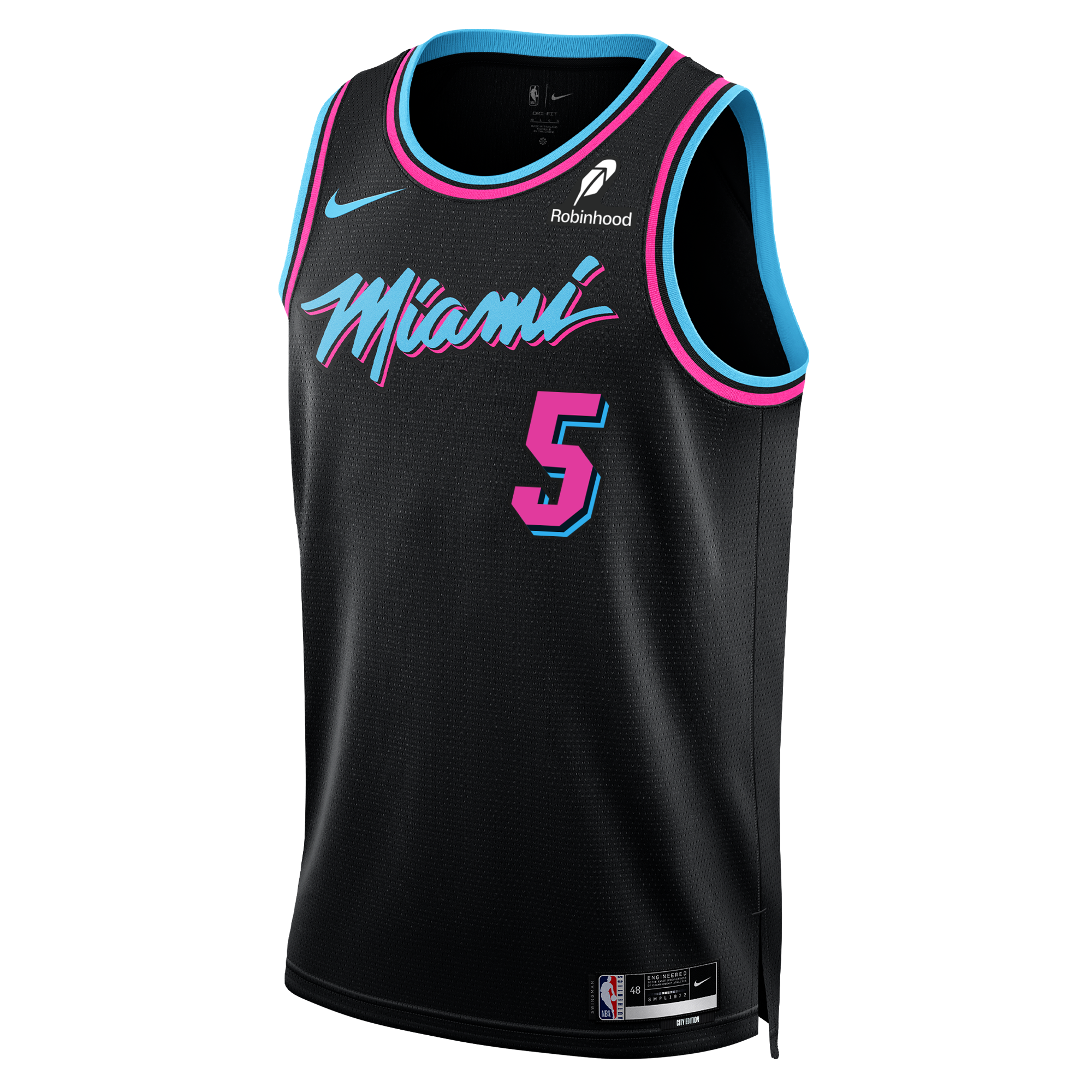 The Nike Nikola Jović Original Vice Nights Swingman Jersey features a black polyester standard fit with blue and pink trim, 