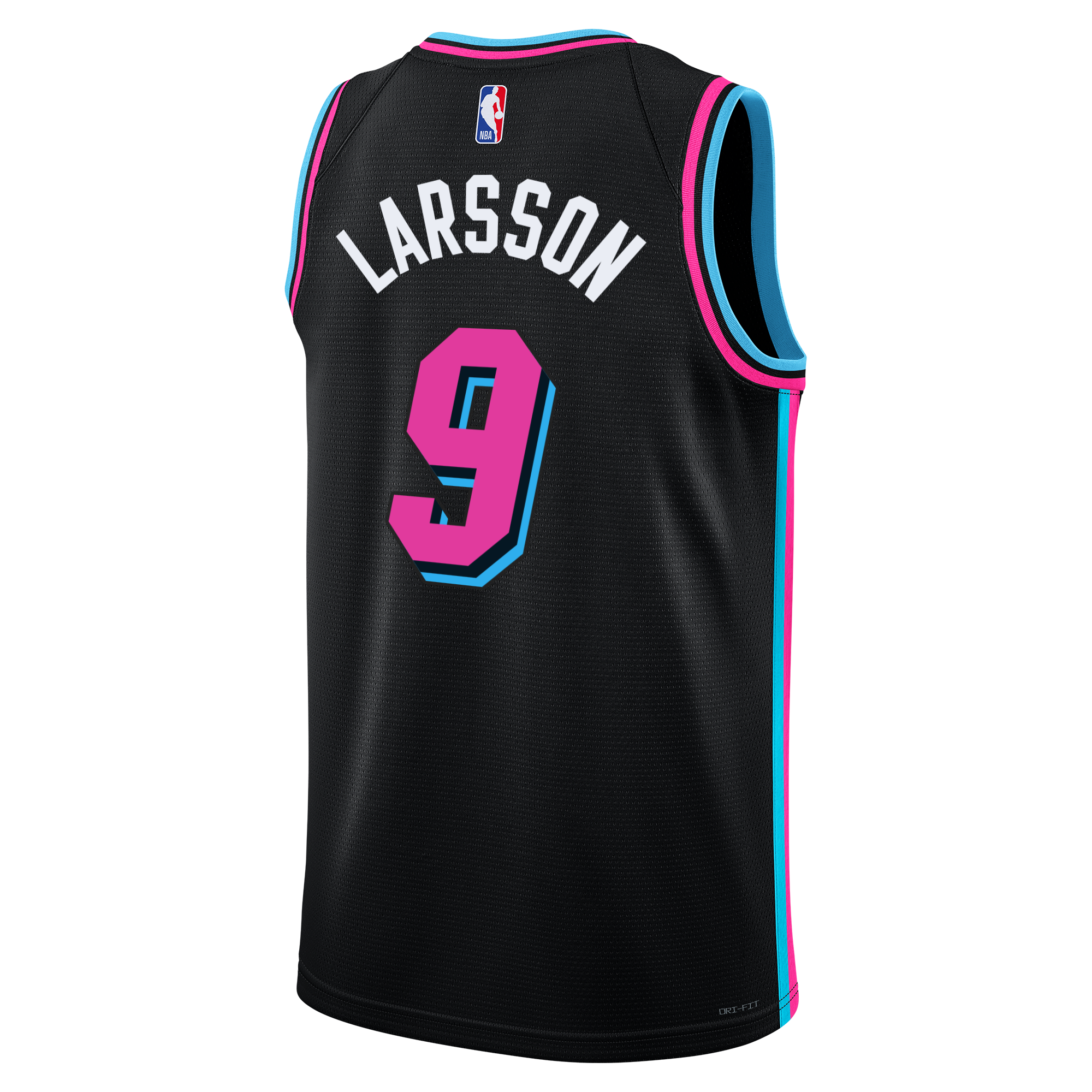 The Nike Pelle Larsson Original Vice Nights Youth Swingman Jersey features LARSSON and number 9 in bold pink and blue, plus the NBA logo on the upper back, with blue and pink trim inspired by Vice Night HEAT jerseys.
