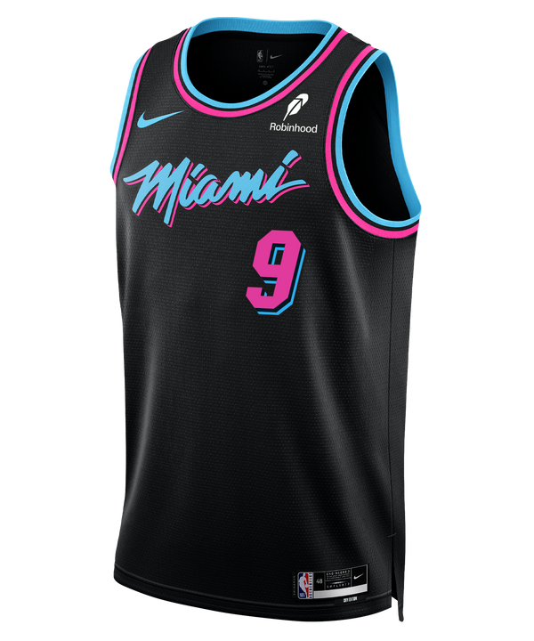 The Nike Pelle Larsson Original Vice Nights Youth Swingman Jersey features Miami Heat black with blue/pink trim, #9, retro Miami script, Robinhood sponsor, and Dri-FIT tech for moisture wicking—ideal on and off the court.