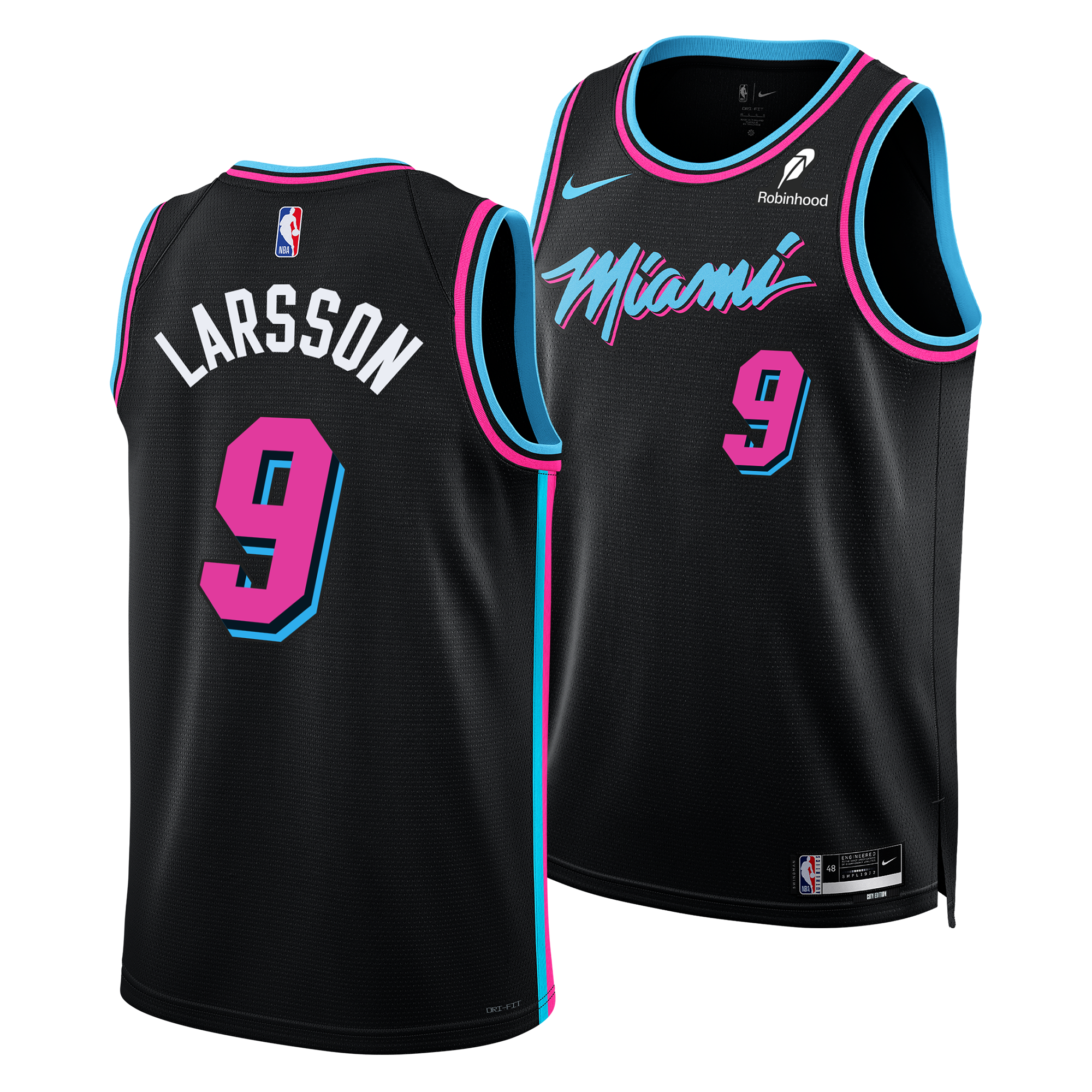 The Nike Pelle Larsson Original Vice Nights Youth Swingman Jersey features “Miami” script and #9 on front, “Larsson” with #9 on back, black with blue/pink trim, Dri-FIT moisture wicking tech, plus NBA and Nike logos.