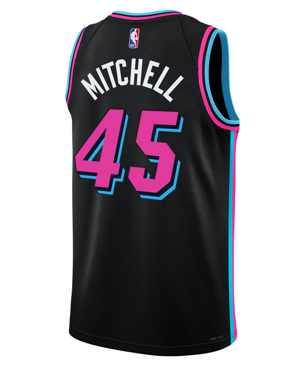The Davion Mitchell Nike Original Vice Nights Swingman Jersey is a black Nike jersey featuring aqua and pink trim, the number 45 on the front, and Miami in a stylized script—a tribute to iconic Vice Night HEAT jerseys.
