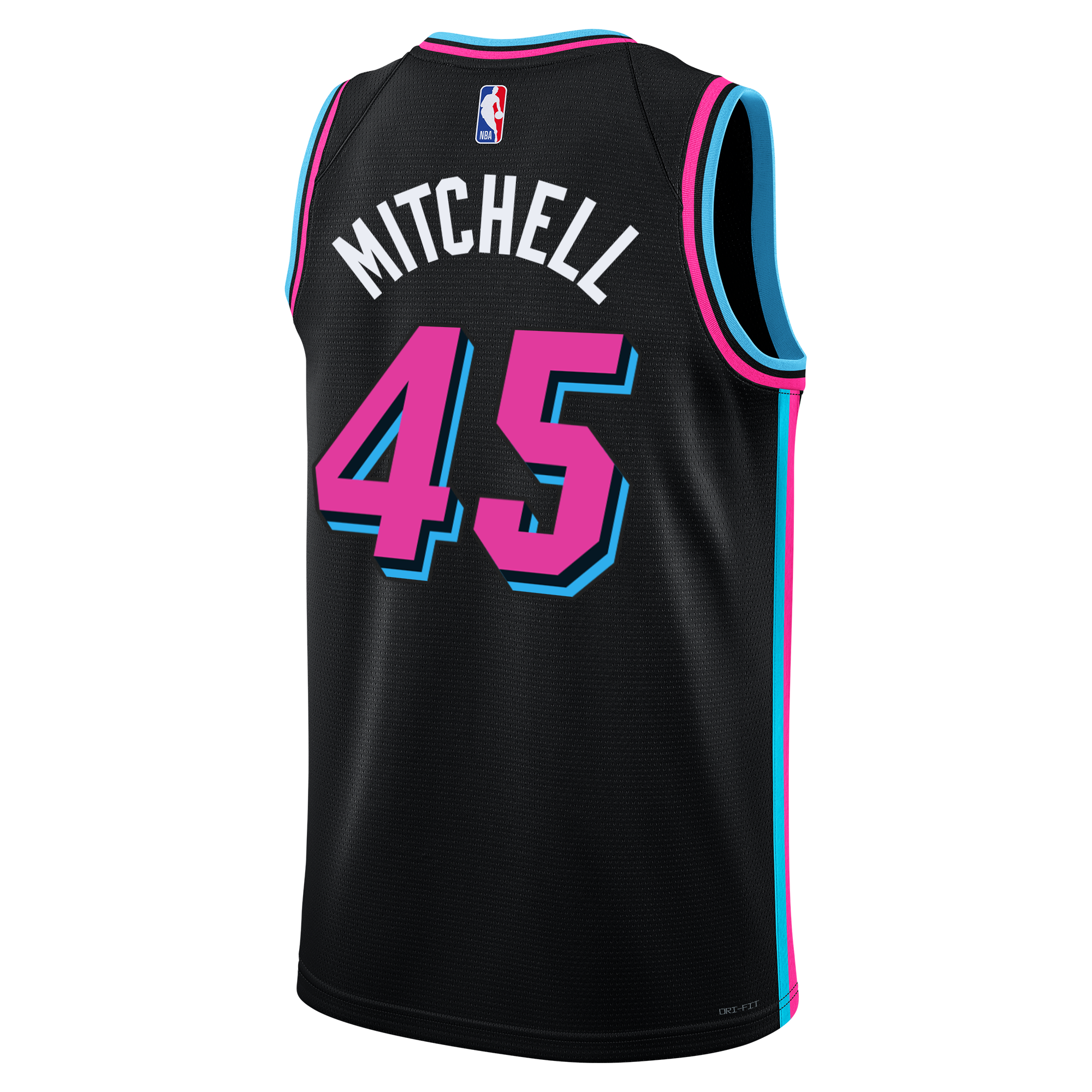 The Nike Davion Mitchell Original Vice Nights Youth Swingman Jersey features a black base, pink and blue trim, NBA logo, “MITCHELL,” and a large pink 45 outlined in blue on the back, inspired by classic HEAT Vice Night jerseys.