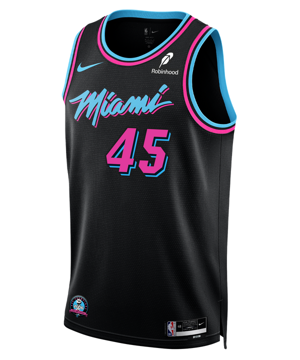 The Davion Mitchell Nike Original Vice Nights Swingman Jersey is a black Nike jersey featuring aqua and pink trim, the number 45 on the front, and Miami in a stylized script—a tribute to iconic Vice Night HEAT jerseys.