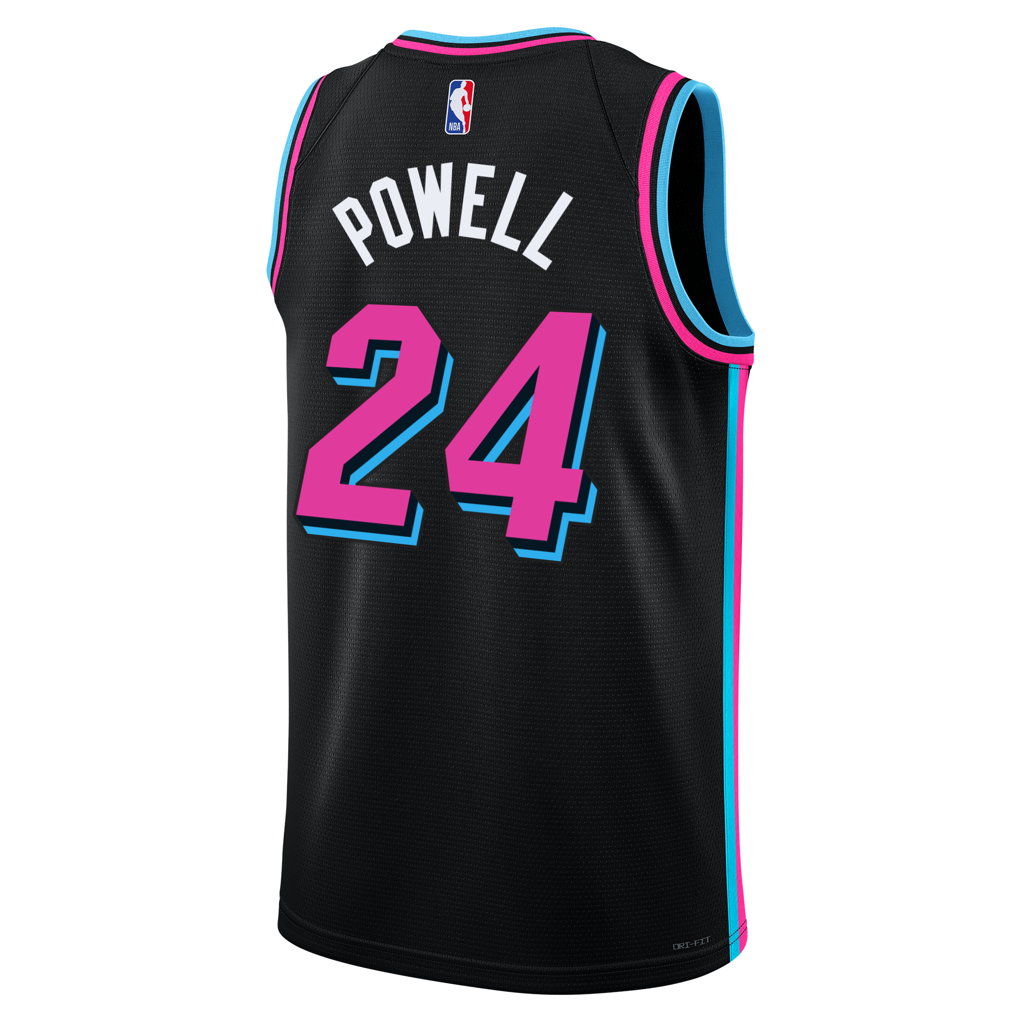 The Nike Norman Powell Original Vice Nights Swingman Jersey features a black design with blue and pink trim, 