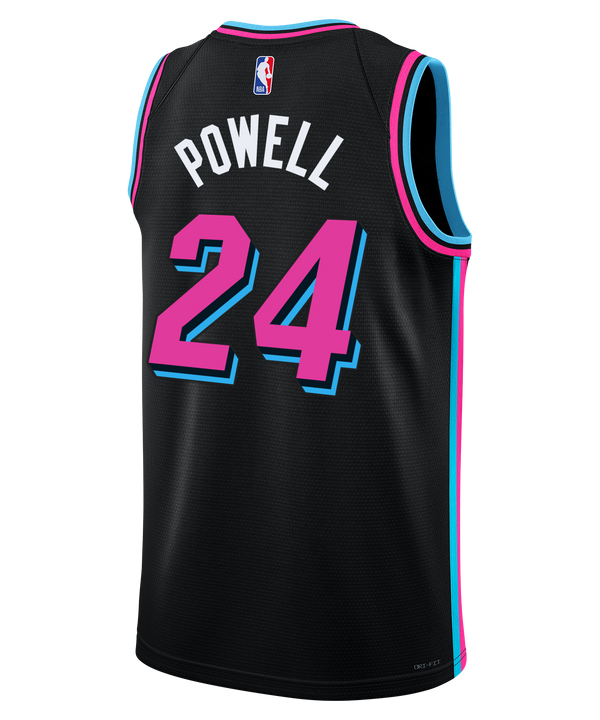 The Nike Norman Powell Original Vice Nights Swingman Jersey features a black design with blue and pink accents, 