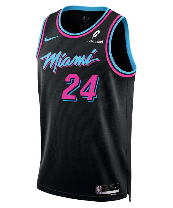 The Nike Norman Powell Original Vice Nights Youth Swingman Jersey features a black design with neon blue and pink trim, “Miami” in stylized pink script, number 24, Nike, Robinhood & NBA logos, plus moisture-wicking Dri-FIT technology.