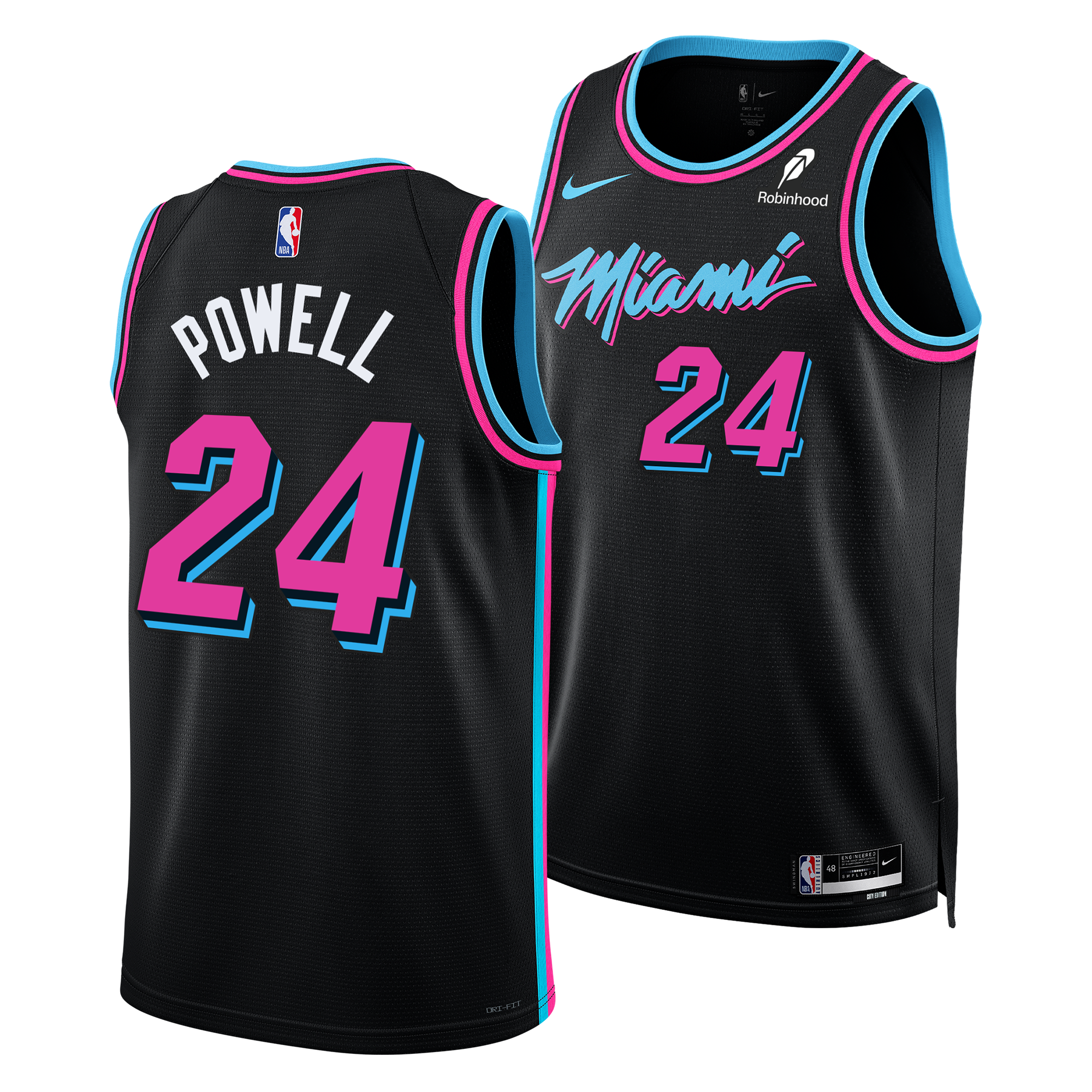 The Norman Powell Nike Original Vice Nights Youth Swingman Jersey by Nike is shown in black with pink and blue trim, featuring 