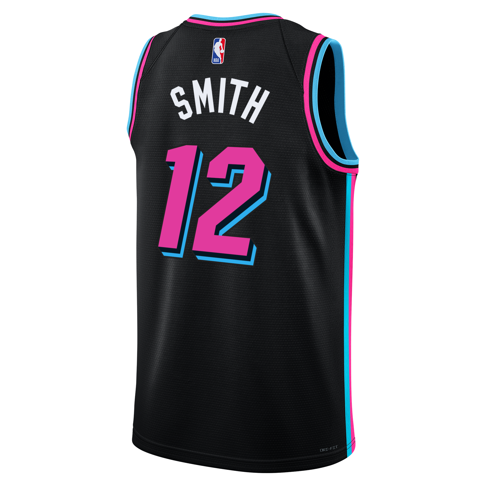 The Nike Dru Smith Original Vice Nights Swingman Jersey is a black basketball jersey with blue and pink trim, SMITH and number 12 in bold outlined numbers on the back, plus an NBA logo and commemorative patch on the upper back.