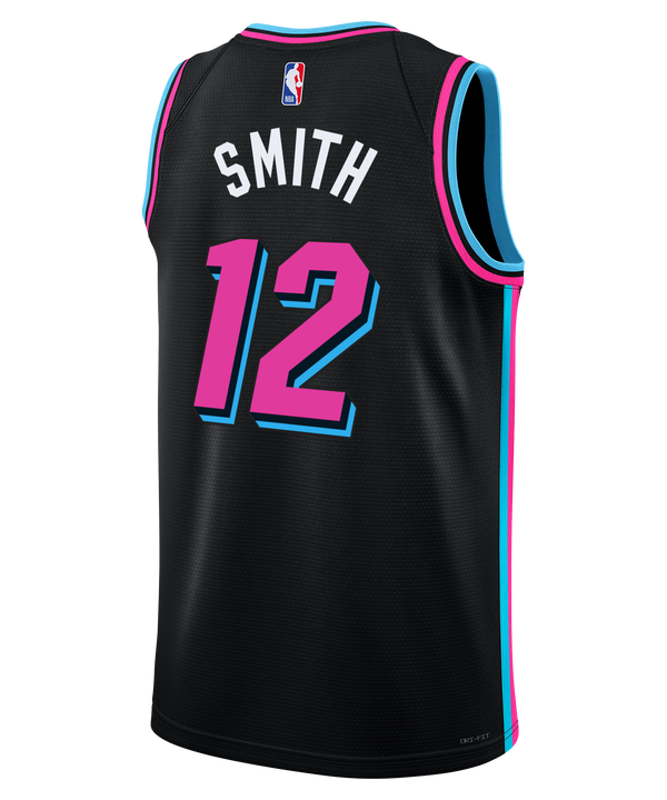 The Dru Smith Nike Original Vice Nights Swingman Jersey features a black base with blue and pink accents, 