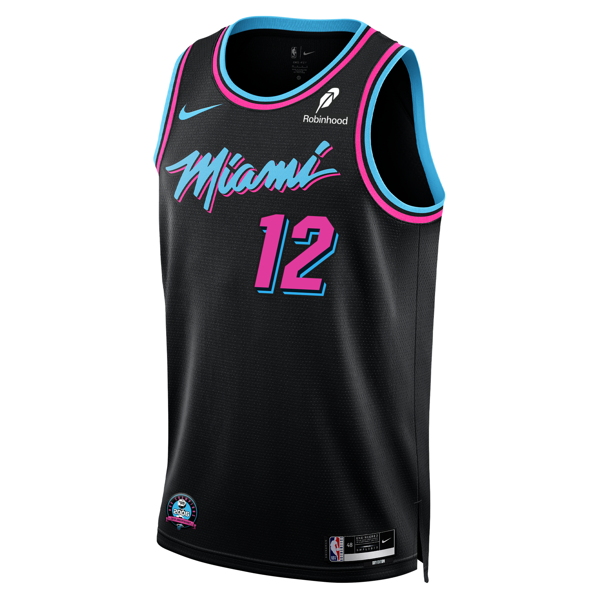 The Dru Smith Nike Original Vice Nights Swingman Jersey features a black base with blue and pink accents, 