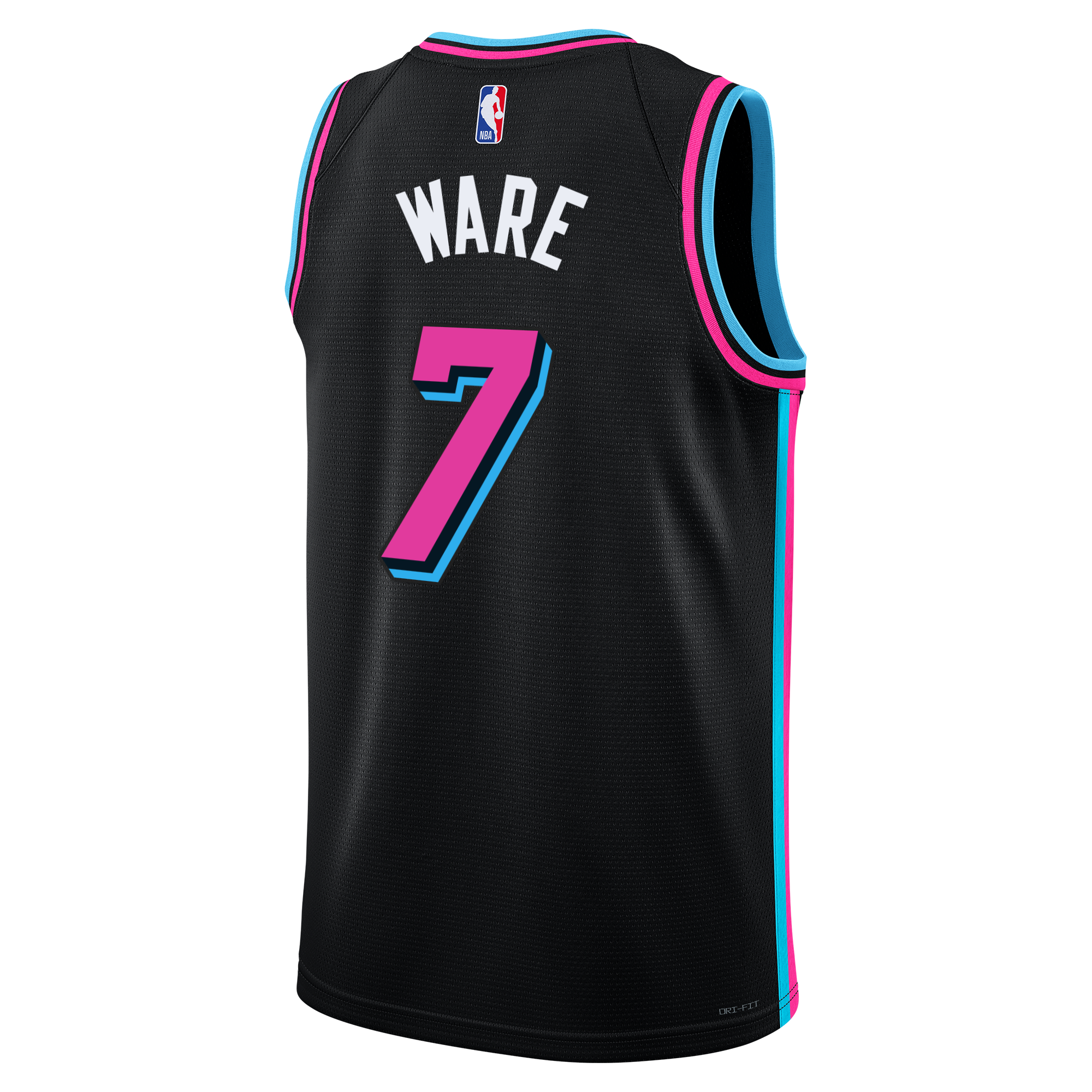 The Nike Kel'el Ware Original Vice Nights Swingman Jersey features bold blue and pink trim, WARE and number 7 on the back, plus NBA logo details—bringing signature Vice Night HEAT style in black.
