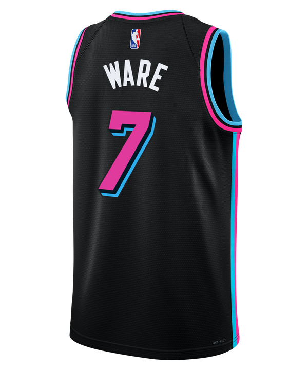 The Nike Kel'el Ware Original Vice Nights Swingman Jersey features black fabric, bright blue and pink trim, stylized pink “Miami” script, pink number 7, and Nike branding—a tribute to Miami Heat Vice Night style.
