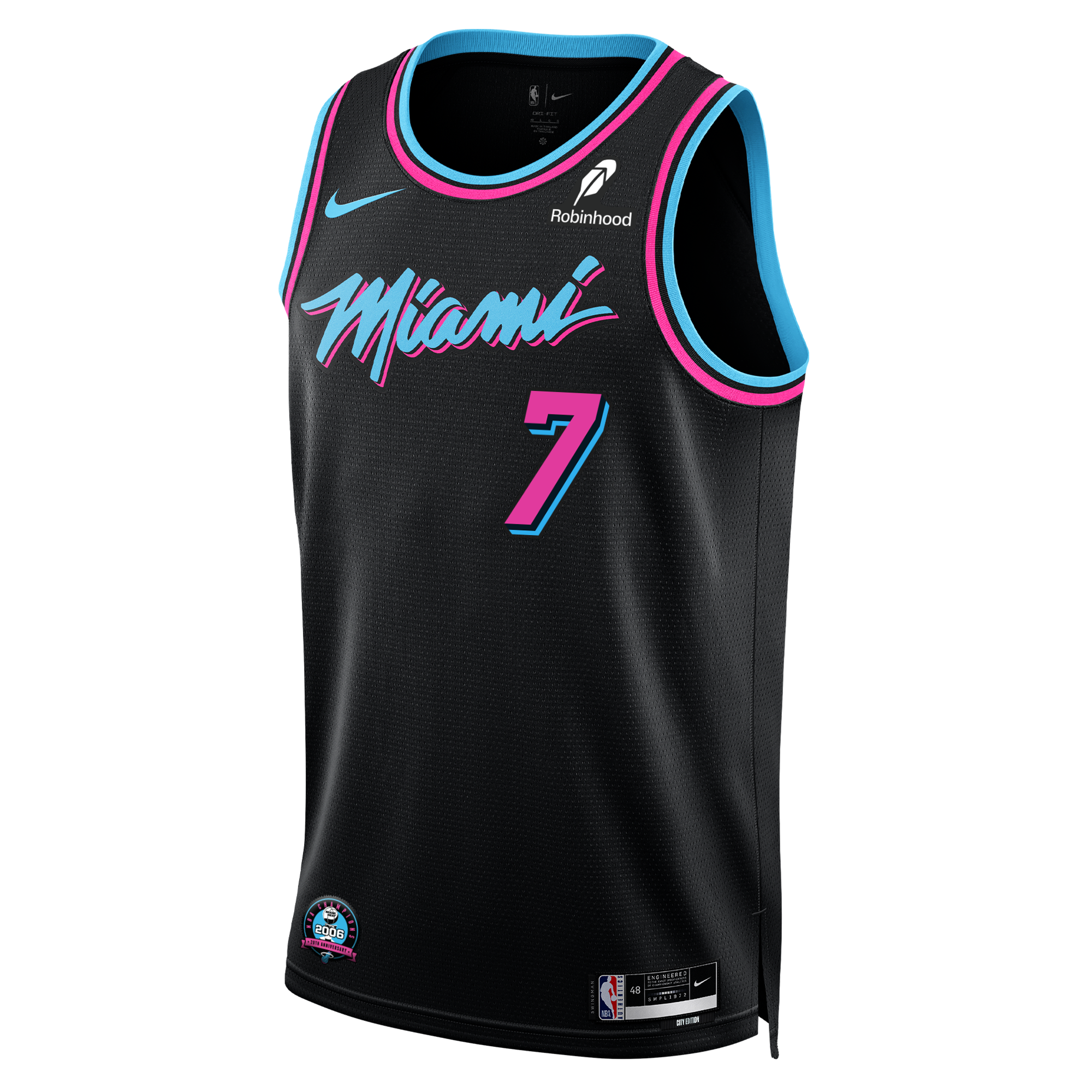 The Nike Kel'el Ware Original Vice Nights Swingman Jersey features black fabric, bright blue and pink trim, stylized pink “Miami” script, pink number 7, and Nike branding—a tribute to Miami Heat Vice Night style.