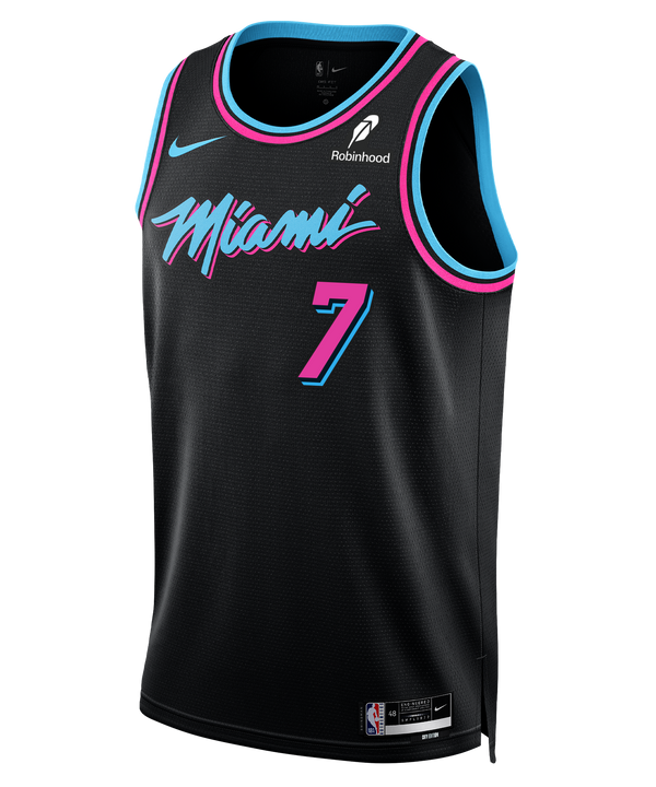 The Kel'el Ware Nike Original Vice Nights Youth Swingman Jersey features black fabric with pink and blue accents, #7 in pink, 