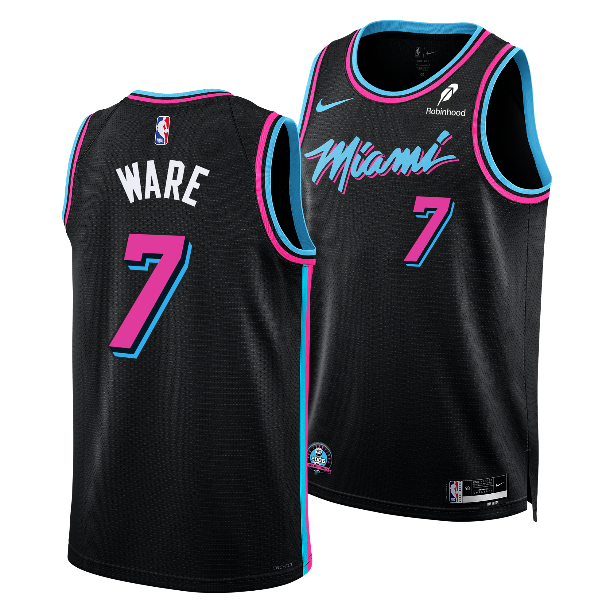 The Kel'el Ware Nike Original Vice Nights Youth Swingman Jersey features Miami’s Vice Night design in black with blue and pink accents, WARE and number 7, Miami on the front, plus Nike logo and moisture-wicking Dri-FIT technology.