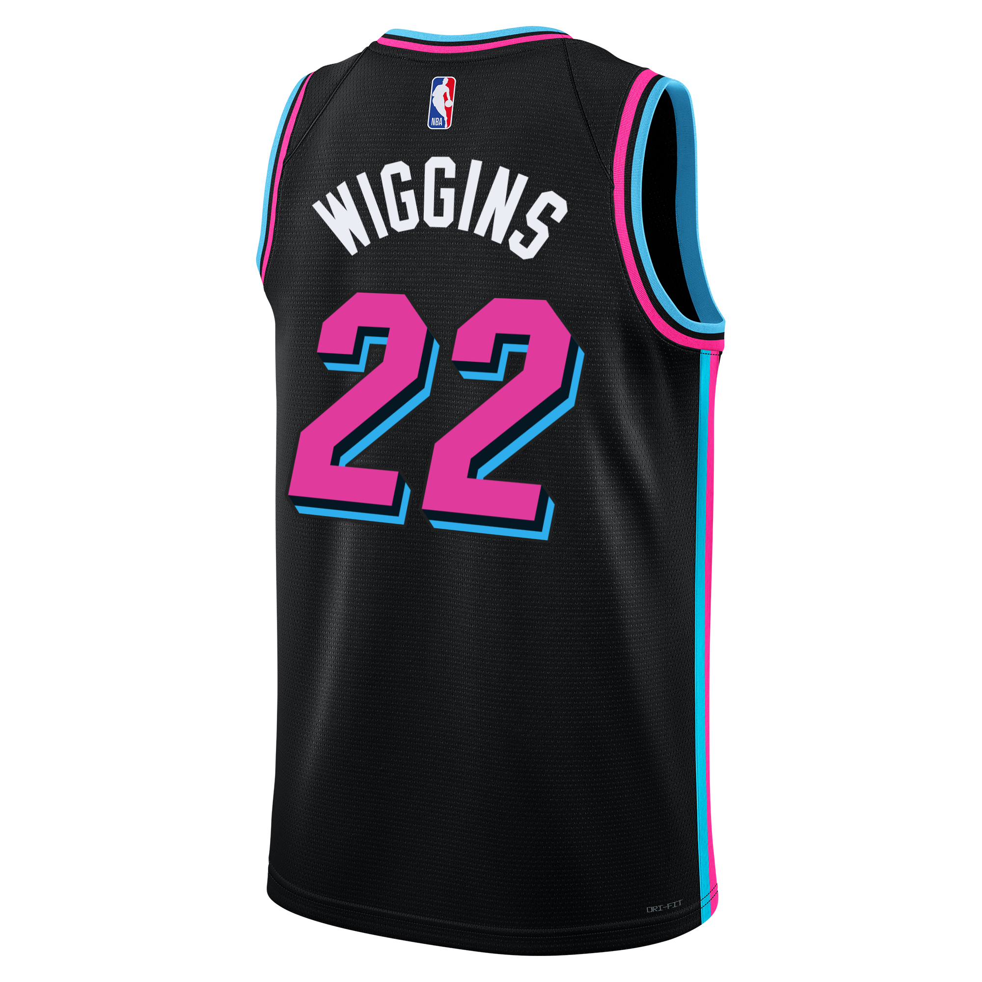 The Nike Andrew Wiggins Original Vice Nights Swingman Jersey features black fabric with blue and pink trim, 
