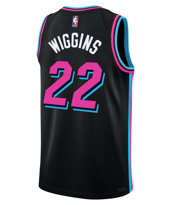 The Nike Andrew Wiggins Original Vice Nights Swingman Jersey is black with blue and pink trim, shows number 22, 
