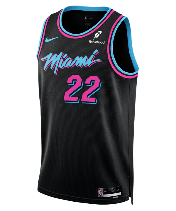 The Andrew Wiggins Nike Original Vice Nights Youth Swingman Jersey features black fabric with vibrant blue and pink trim, “Miami” script, number 22 in pink/blue, Dri-FIT moisture-wicking comfort, and a visible Robinhood logo.