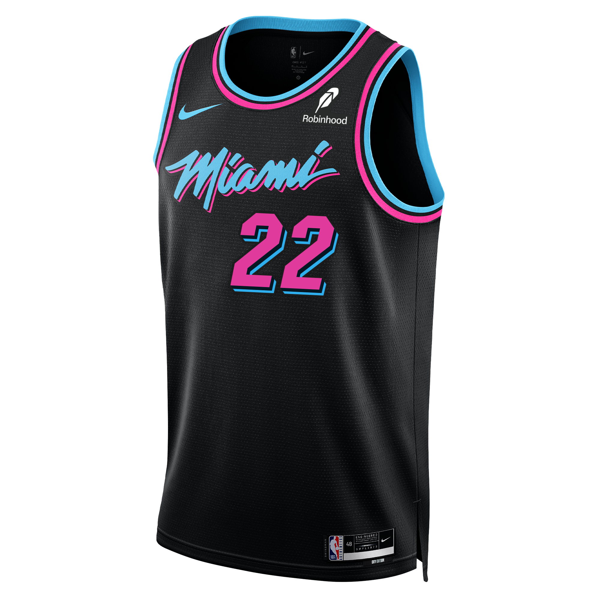 The Andrew Wiggins Nike Original Vice Nights Swingman Jersey is black with blue and pink trim, features 